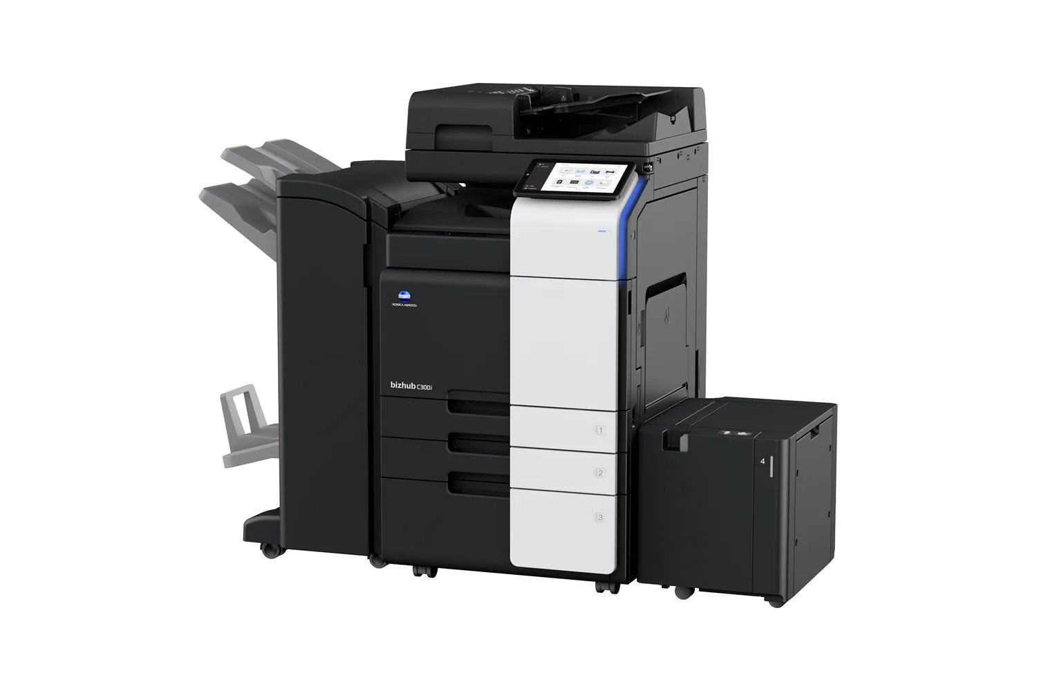 Konica-Minolta-Abteilungssystem bizhub C300i mit mehreren Papierfächern, Großraumfach und Finisher, freigestellt