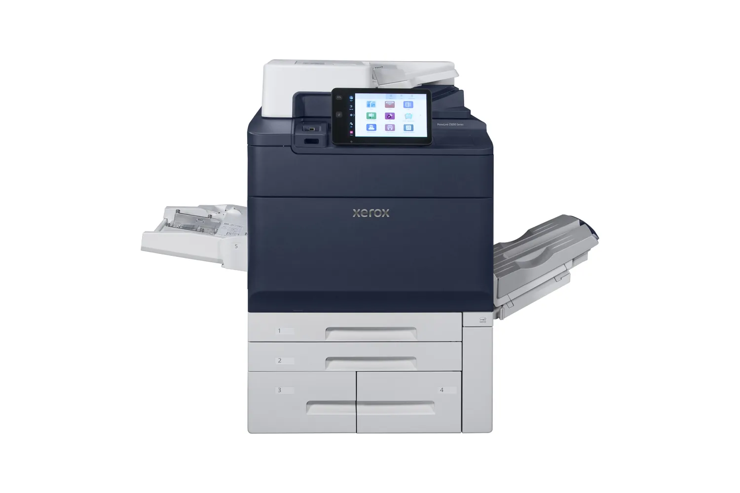 Xerox PrimeLink C9200 Series, Produktionsdrucksystem mit Papierfächern und seitlichen Ablagen, freigestellt