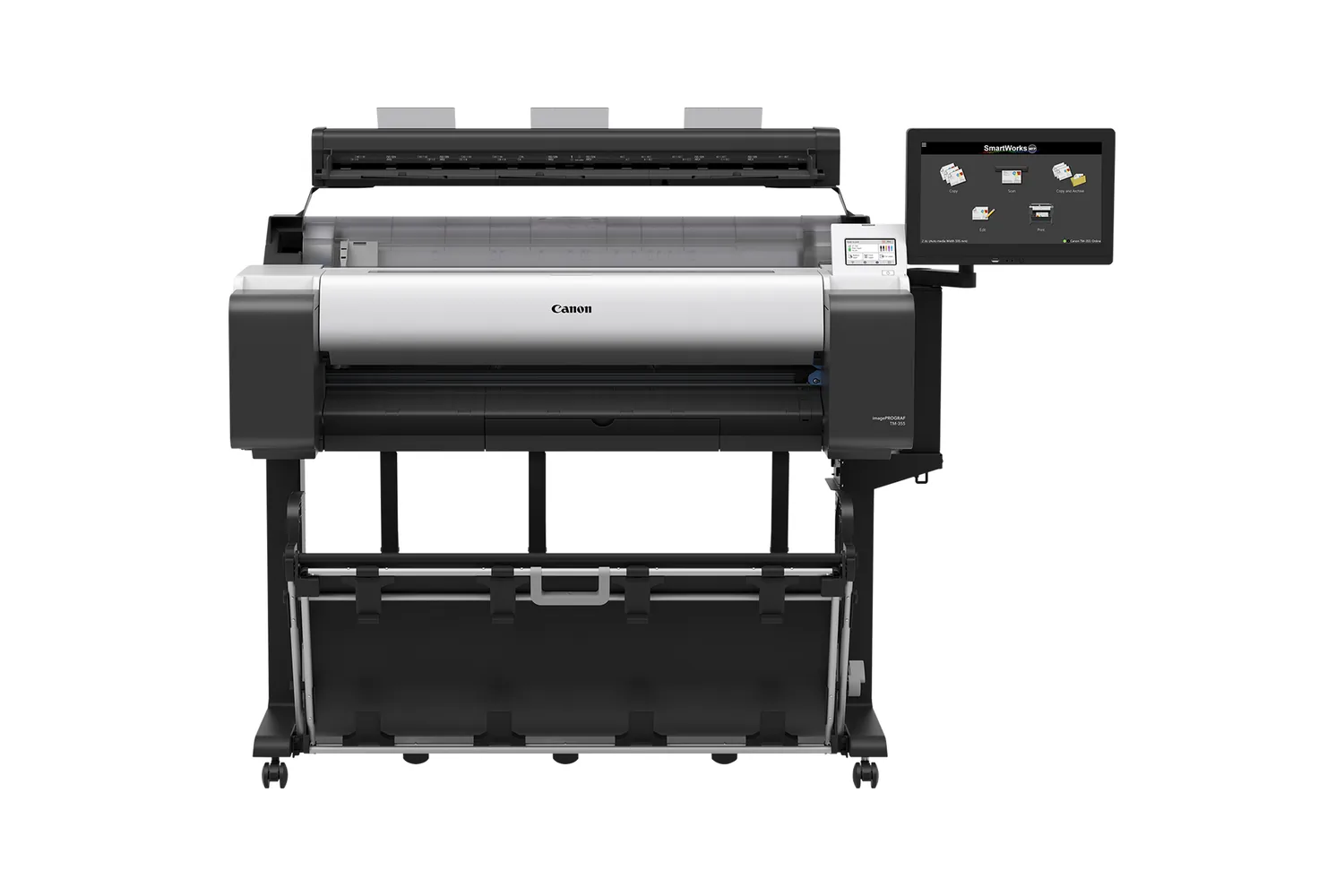 Canon imagePROGRAF TM-350 MFP Z36, Großformatdrucker mit aufgesetztem 36-Zoll-Scanner und Bedienbildschirm, freigestellt